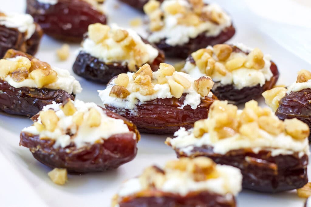Close up side shop of the finished Goat Cheese Stuffed Dates.
