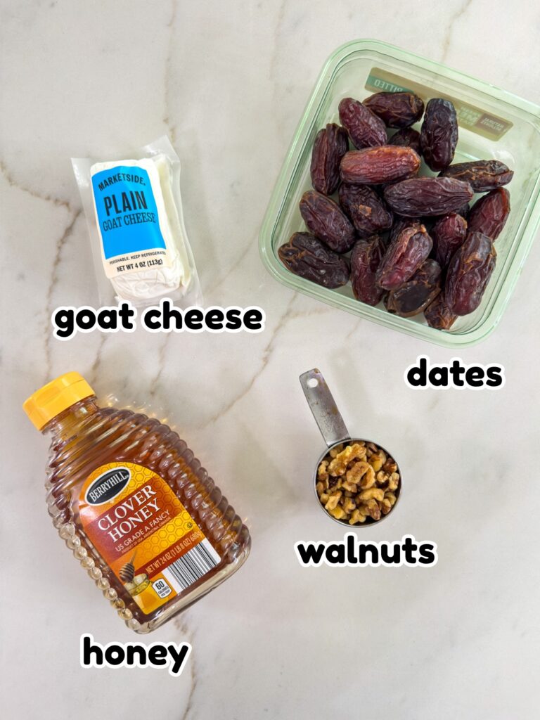 All of the ingredients needed to make the Goat Cheese Stuffed Dates recipe.
