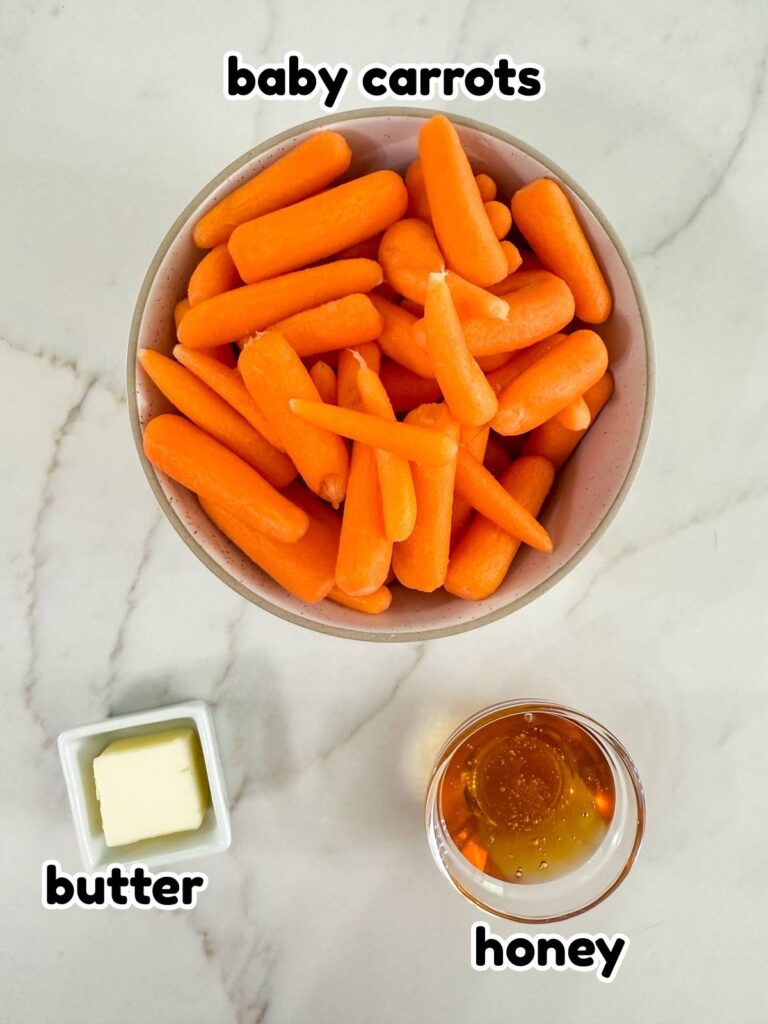 The baby carrots, unsalted butter, and honey measured out and ready to make the Honey Glazed Baby Carrots recipe.