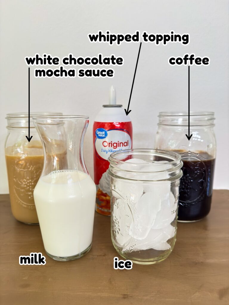 All of the ingredients needed to make the Iced White Chocolate Mocha recipe.