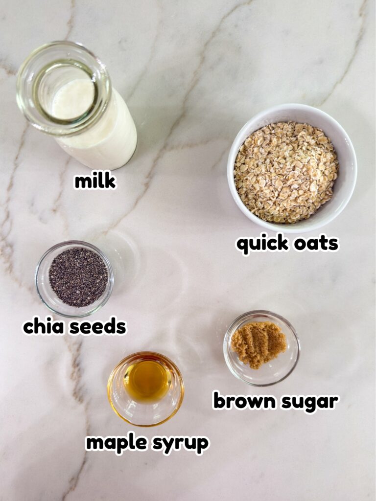 All of the ingredients needed to make the Maple Brown Sugar Overnight Oats recipe.