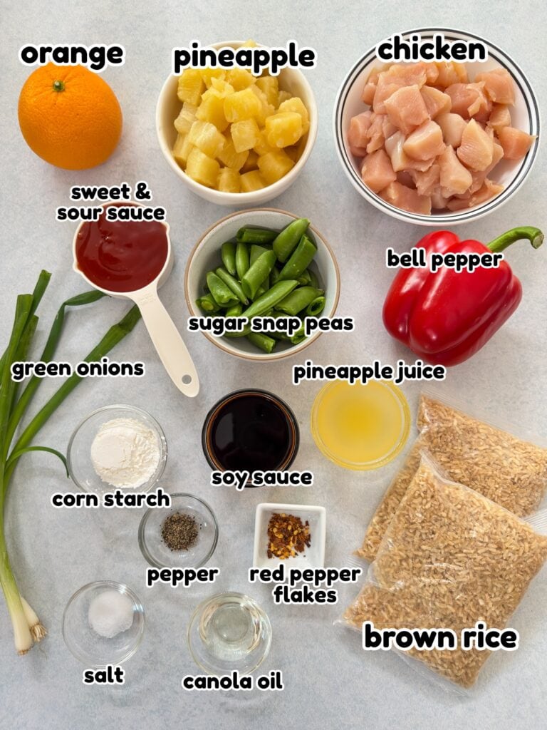All of the ingredients needed to make the Orange Pineapple Chicken recipe.
