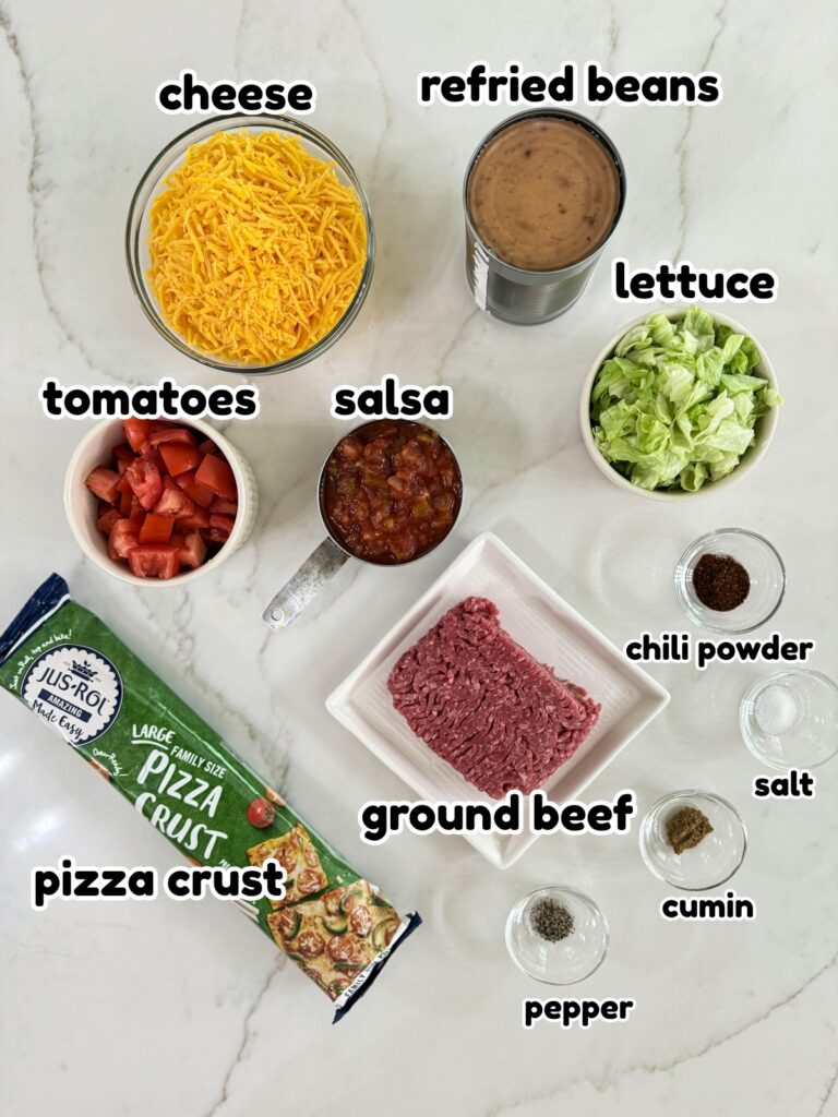All of the ingredients needed to make the Super Easy Taco Pizza recipe.