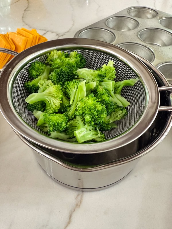 The broccoli in a mesh strainer after it's been blanched and rinsed with cold water.