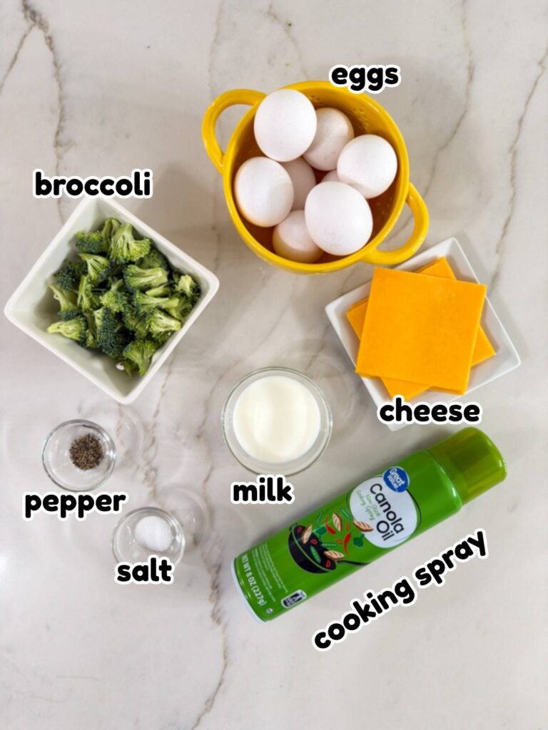 All of the ingredients needed to make the Broccoli Cheddar Egg Bites recipe.
