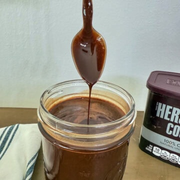 Feature image of the chocolate coffee syrup dripping off of a spoon.