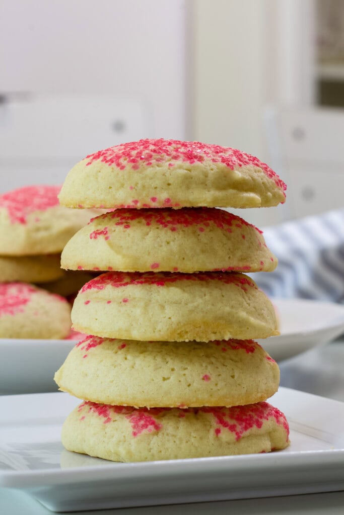 Five No Roll Sugar Cookies stacked one on top of the other.