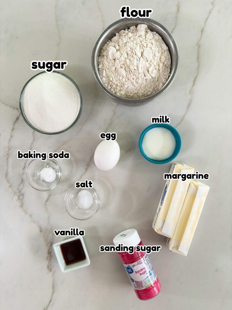 All of the ingredients needed to make the No Roll Sugar Cookies recipe.