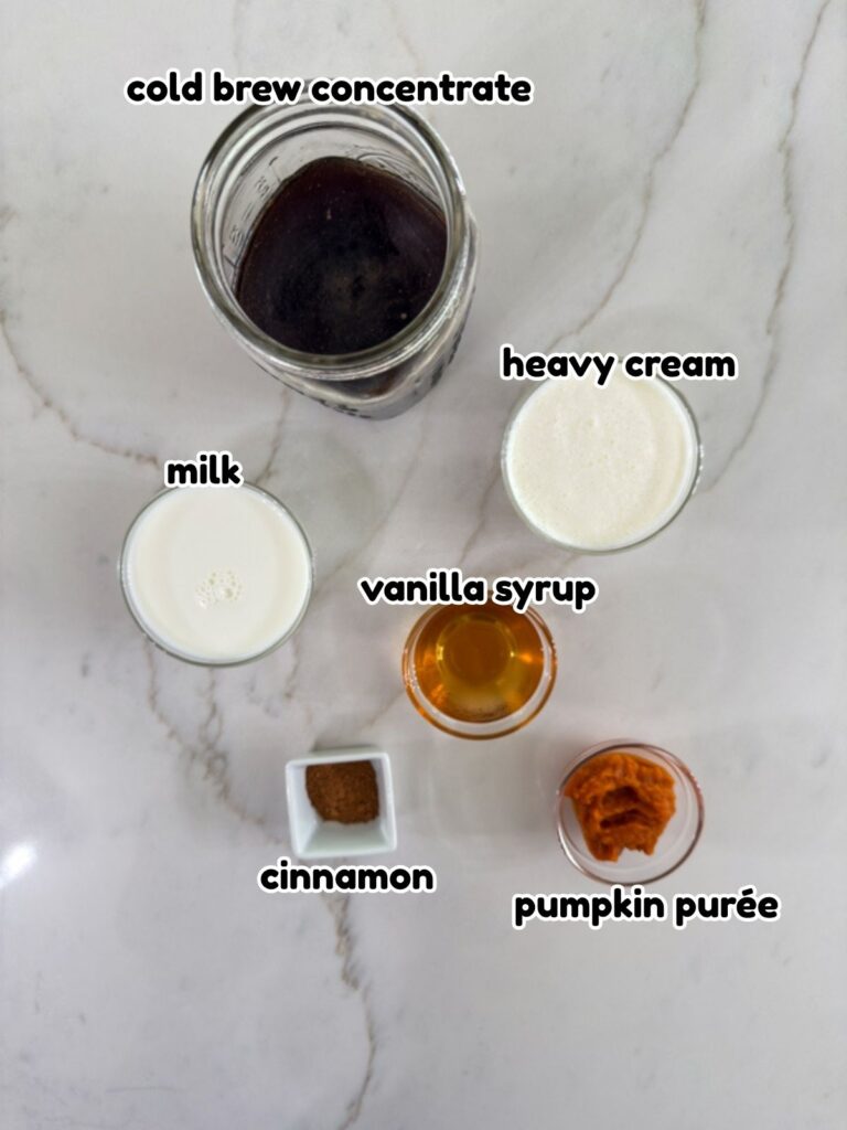 The 6 ingredients needed to make the Pumpkin Cream Cold Brew recipe.