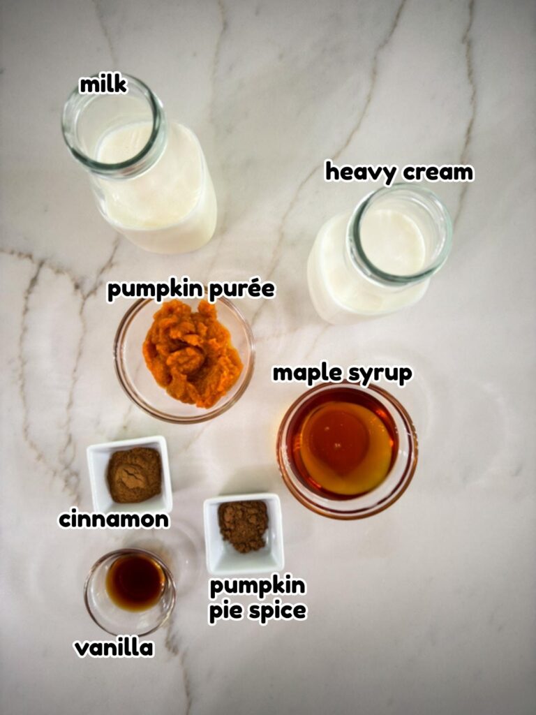All of the ingredients needed to make the Pumpkin Spice Creamer recipe.