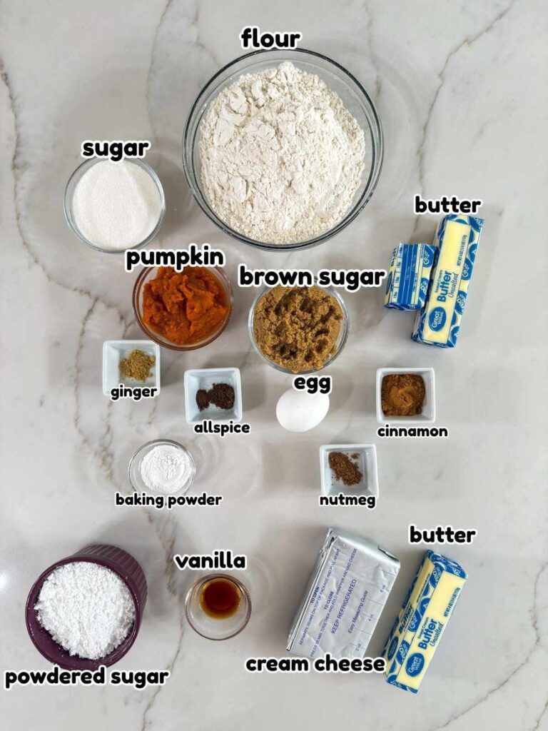 All of the ingredients needed to make the Pumpkin Spice Cutout Cookies and cream cheese frosting recipe.
