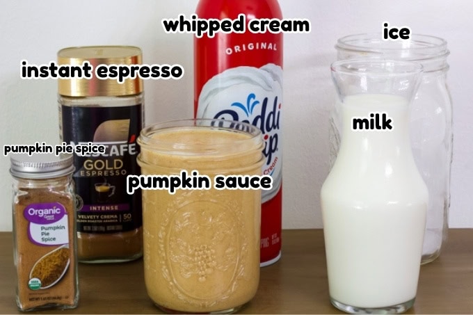 All of the ingredients needed to make the Starbucks Pumpkin Spice Frappuccino recipe.