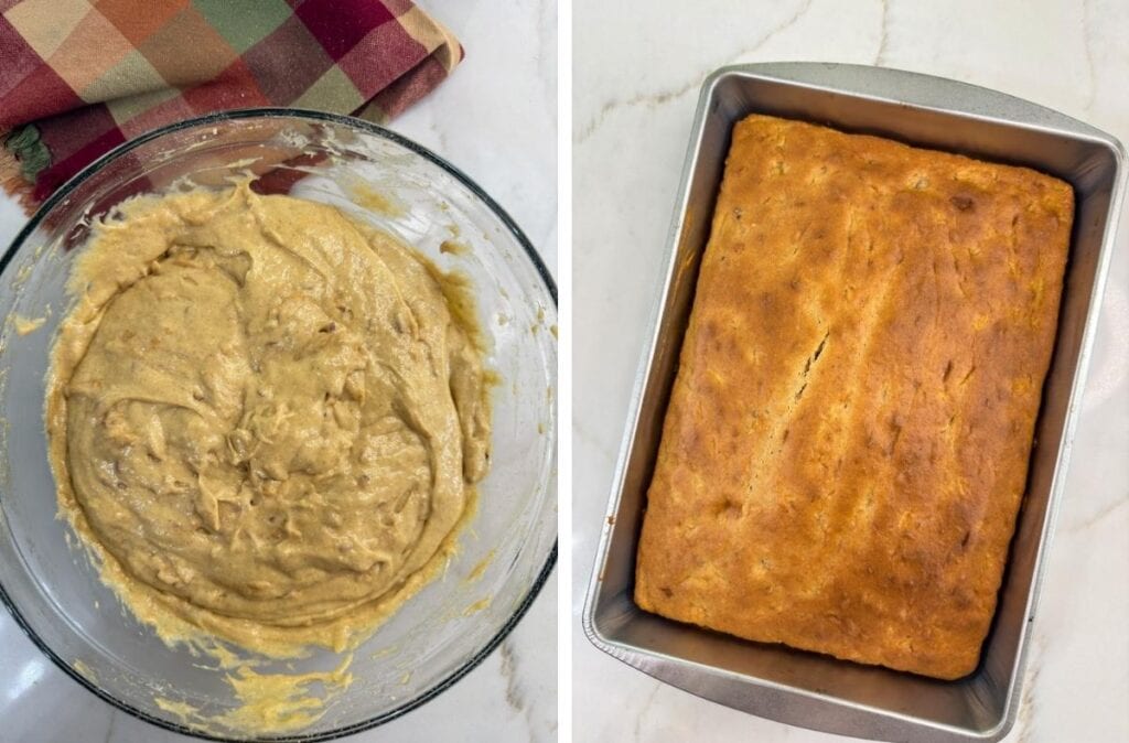 Side-by-side images of the cake batter in a bowl on the left and the baked cake on the right.
