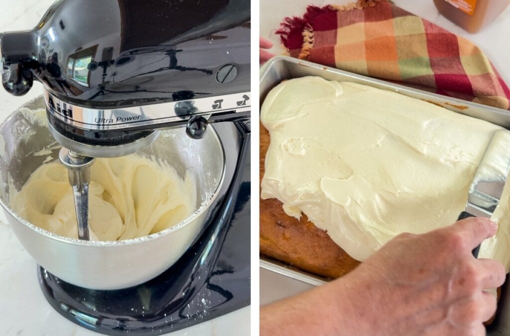 Side-by-side images of the frosting in the bowl of a stand mixer and the cake being frosted on the right.