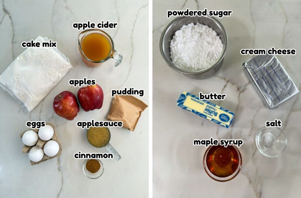 All of the ingredients to make the Apple Cider Cake recipe and the Maple Cream Cheese Frosting recipe.