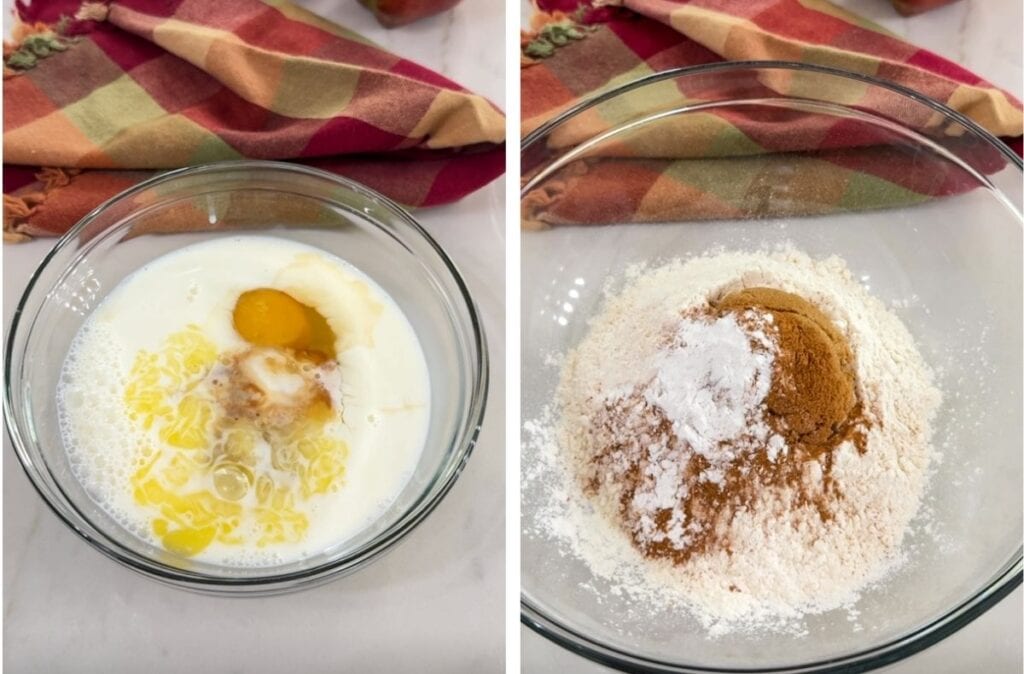 Side-by-side images, the wet ingredients on the left and the dry ingredients on the right.
