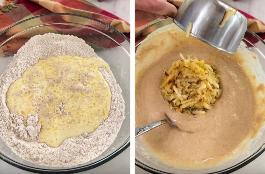 Side-by-side images of the wet and dry ingredients combined on the left and the apple added to the pancake batter on the right.
