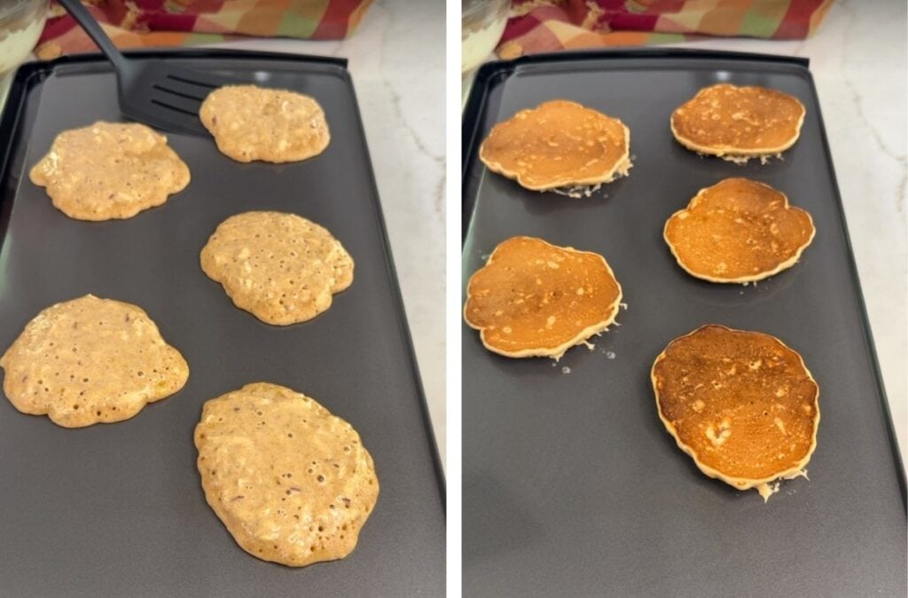 Side-by-side images of the pancakes cooking on a griddle, before being flipped on the left and after on the right.
