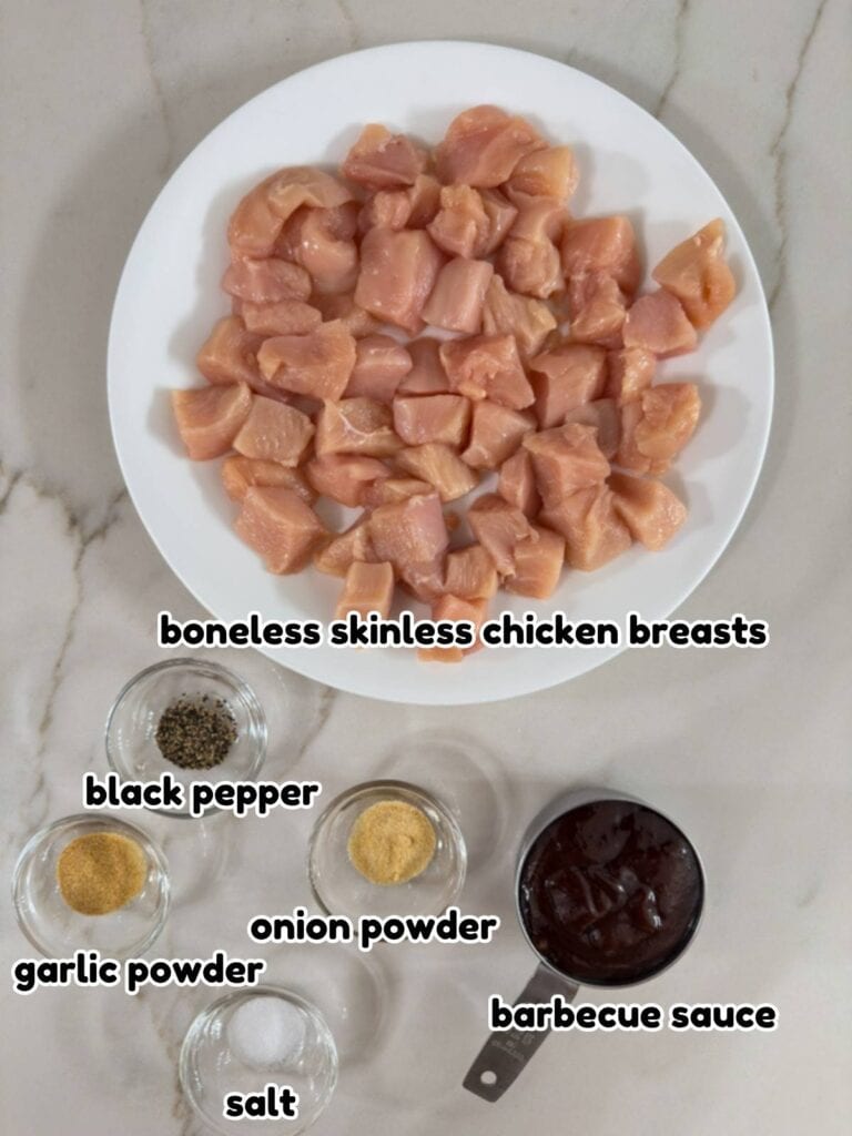 All of the ingredients needed to make the BBQ Chicken Bites recipe.