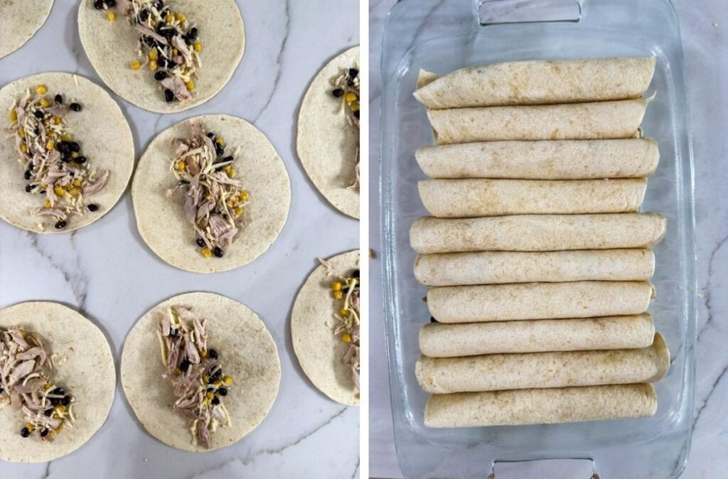 Side-by-side images of the filled tortillas on the left and the rolled in the casserole dish on the right.