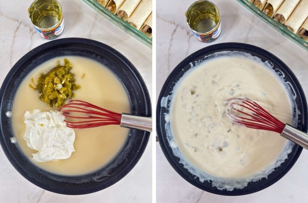 Side-by-side images of the sauce in a skillet, with the green chiles and sour cream added, not mixed on the left and mixed on the right.