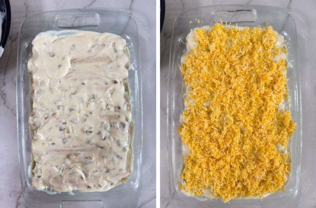 Side-by-side images of the casserole, without cheese added on the left and with the cheese added on the right.