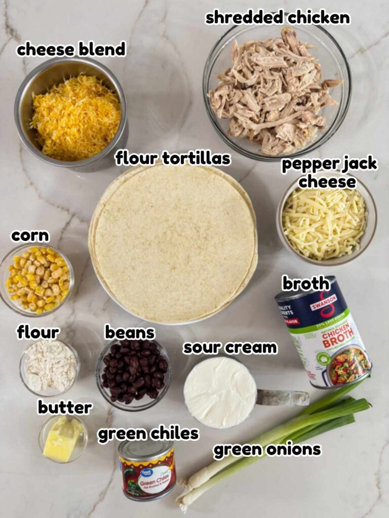 All of the ingredients needed to make the Chicken Enchiladas with White Sauce recipe.