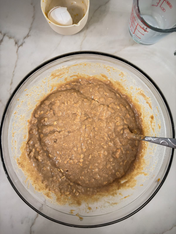 Overhead shot of the pancake batter mixed in a large bowl.