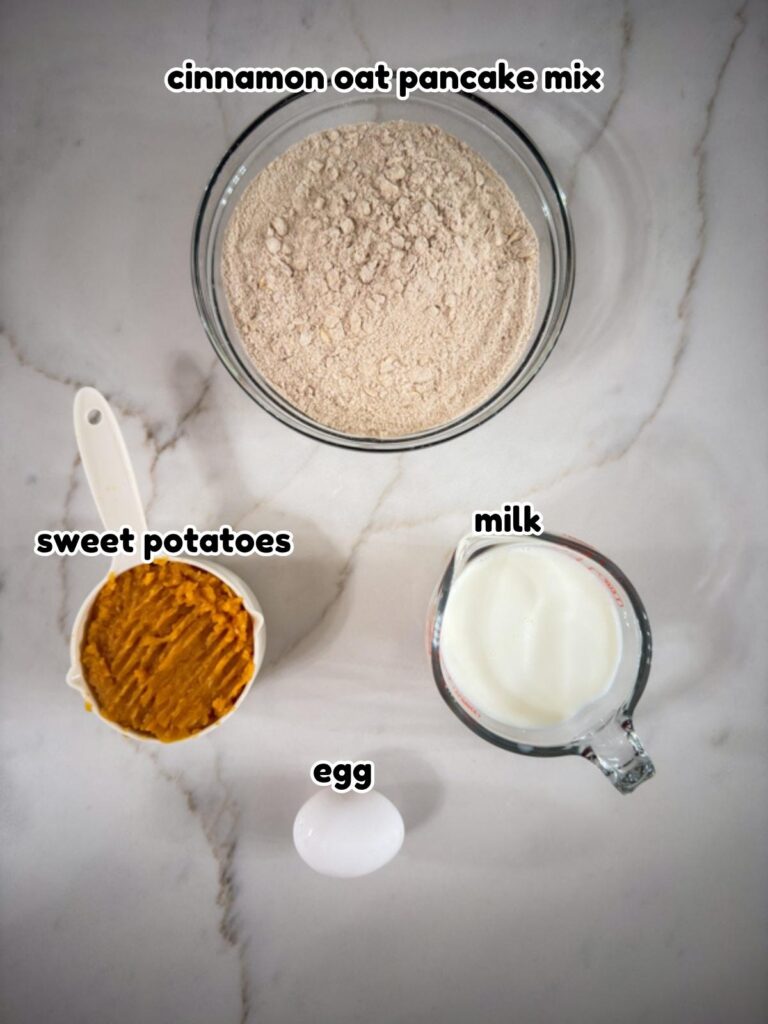 All of the ingredients needed to make the Healthy Sweet Potato Pancakes recipe.