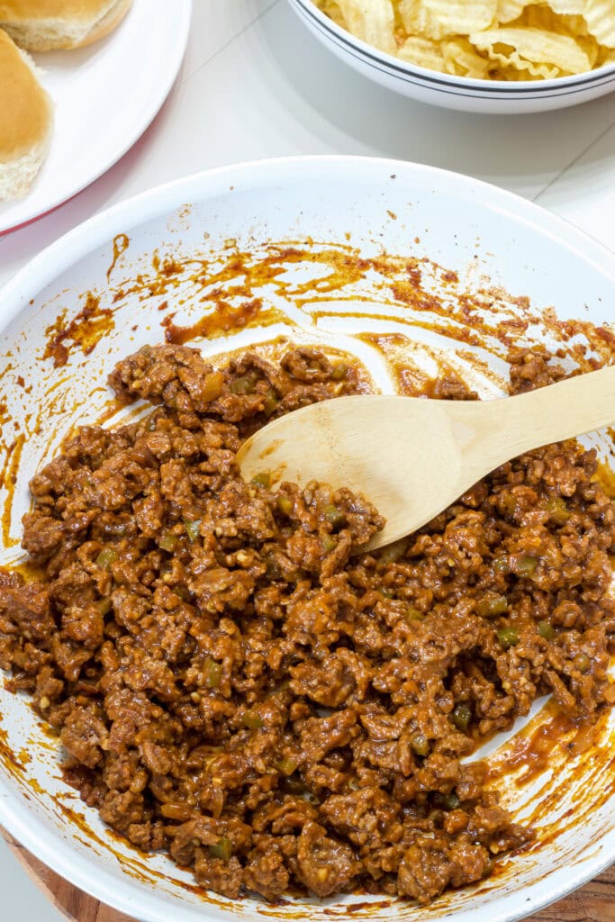 The finished batch of sloppy joe meat in the skillet.