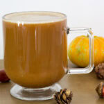 Side view of the finished Pumpkin Spice Latte with Oat Milk ready to drink.
