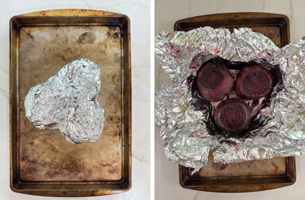 Side-by-side images of the beets in the foil on the left and the foil opened up on the right.