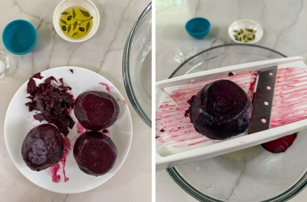 The beets peeled on a plate on the left and the beets being sliced on a mandolin on the right.