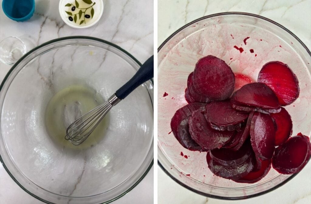 The dressing mixed in the large bowl on the left and the beets added on the right.