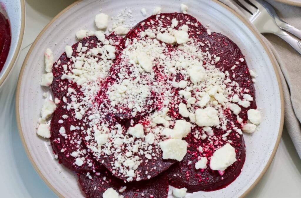 Overhead shot of the finished Roasted Beets with Feta.