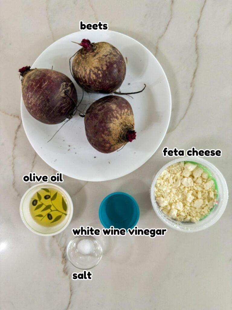 All of the ingredients needed to make the Roasted Beets with Feta recipe.