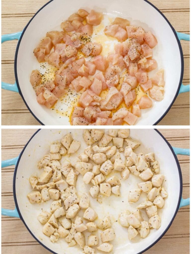 Raw chicken in a skillet and then browned, first step to make the recipe.