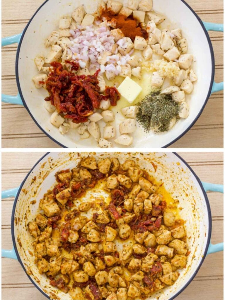 Tomatoes, onions, butter, and spices added to the skillet, and them mixed in.