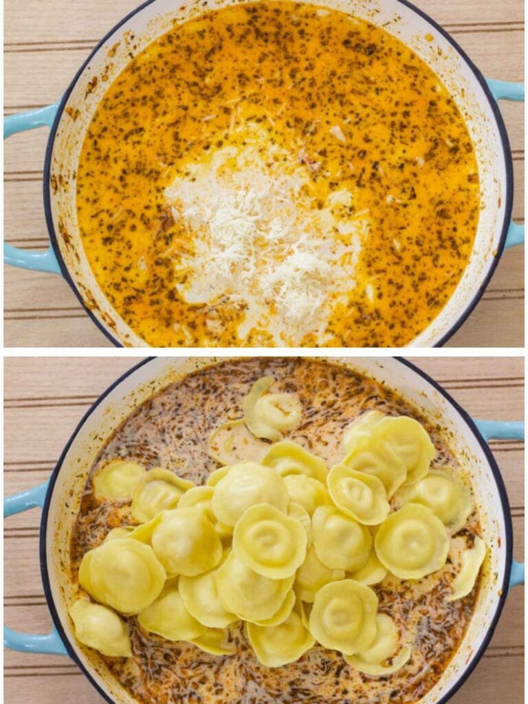 The cream and parmesan cheese added, and then the ravioli added to the skillet.