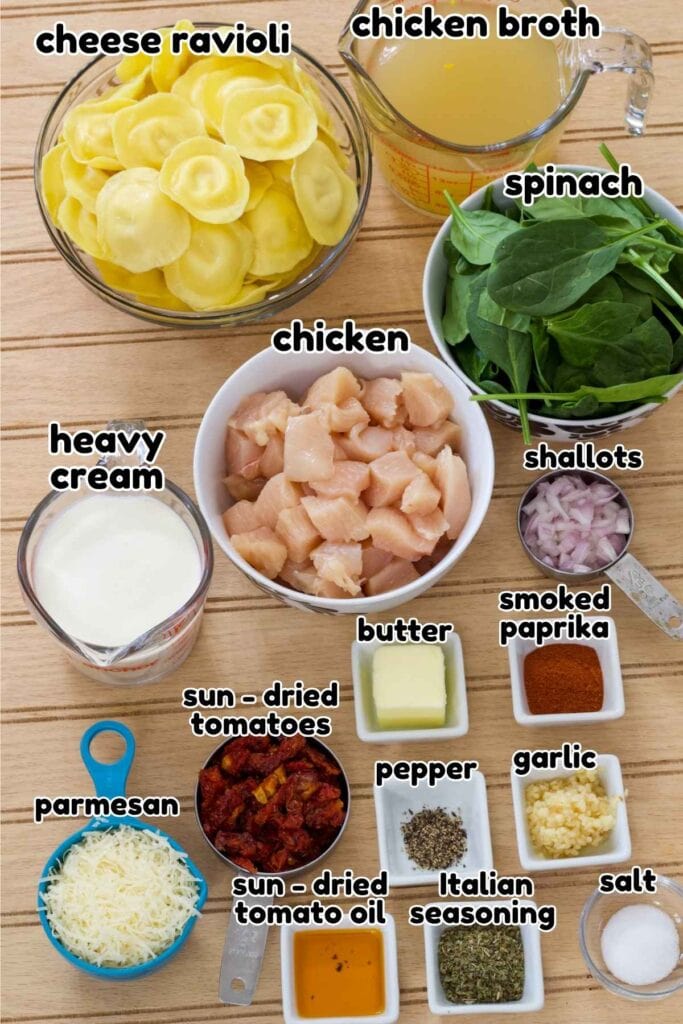 All of the ingredients needed to make the Tuscan Ravioli with Chicken recipe. 