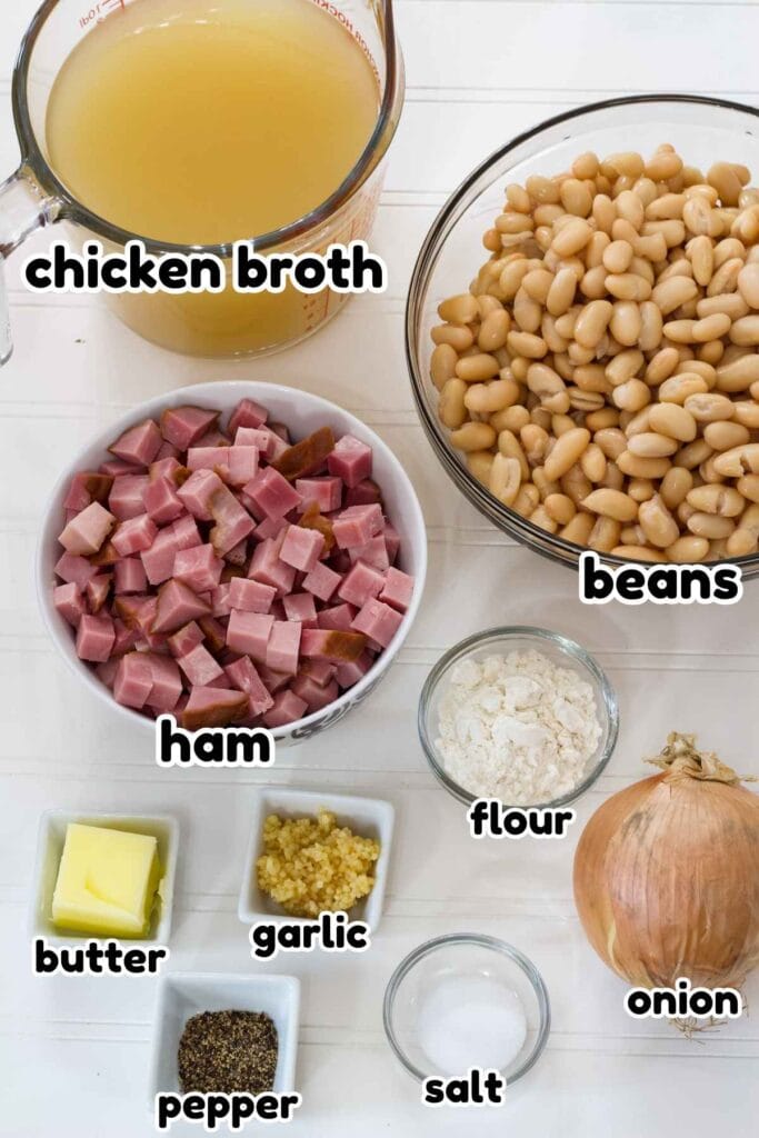 All of the ingredients needed to make the 30-Minute White Beans with Ham (Easy One-Pot Comfort Food).