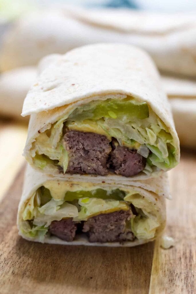 One Big Mac Wrap cut in half so the inside is visible.