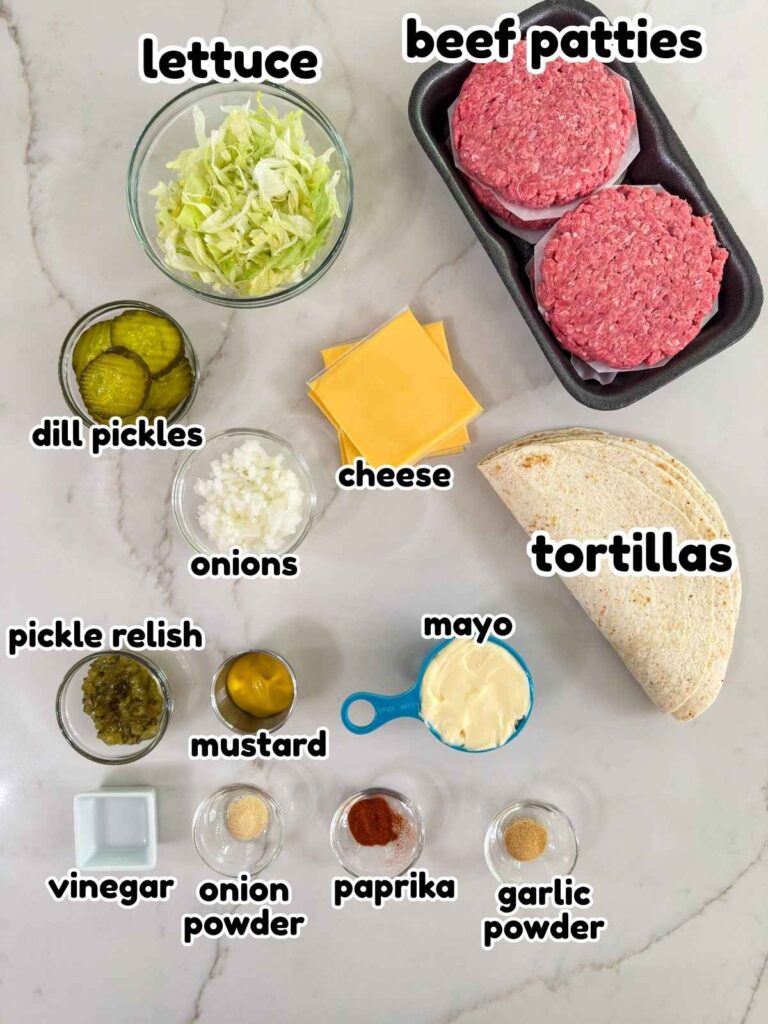 All of the ingredient needed to make the Big Mac Wrap Recipe.