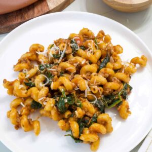 Overhead close up of one serving of Ground Beef Spinach Pasta on a white plate.