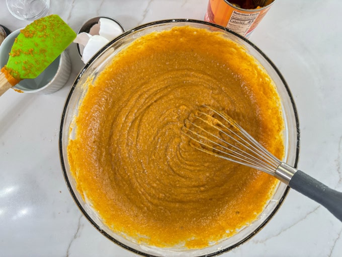 The wet ingredients added to the dry so the batter is ready to go into the prepared baking pan.