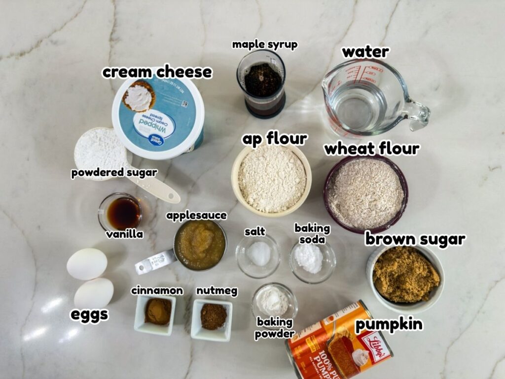 All of the ingredients needed to make the Healthy Pumpkin Cake and cream cheese frosting.