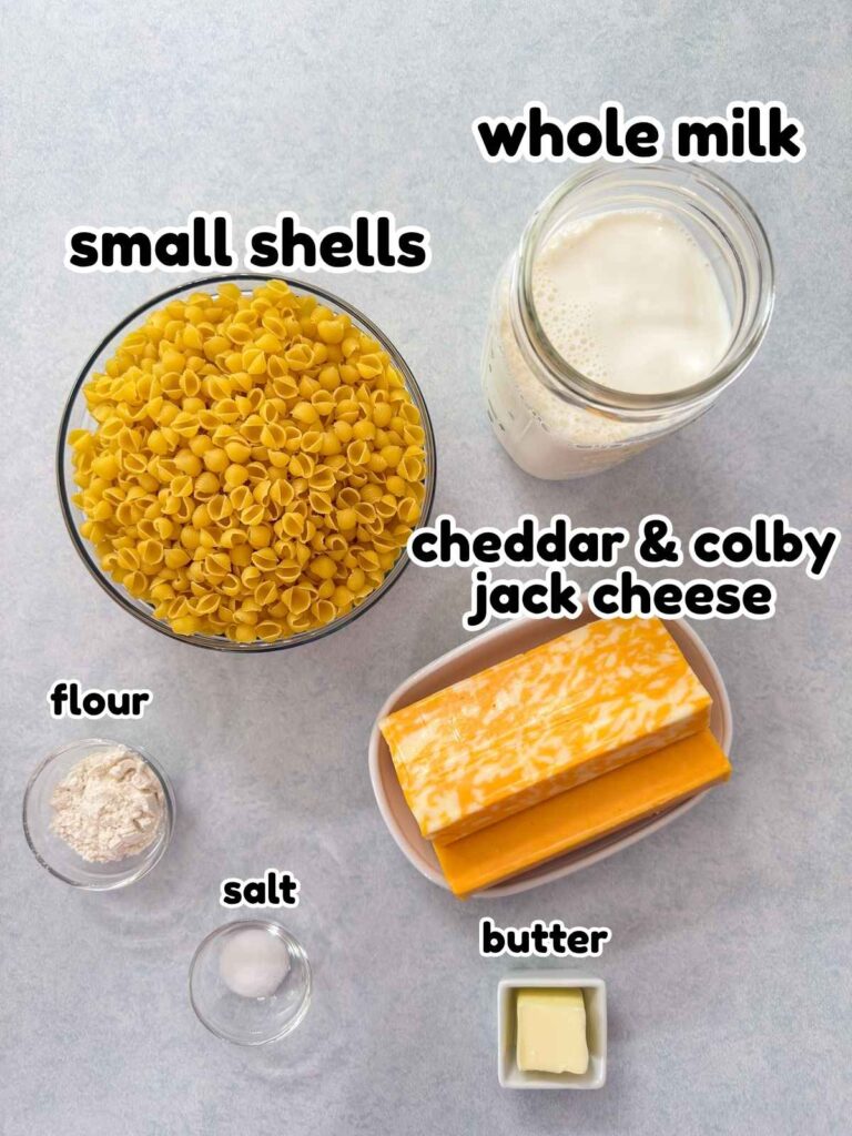 All of the ingredients needed to make the Mac and Cheese with Shells recipe.