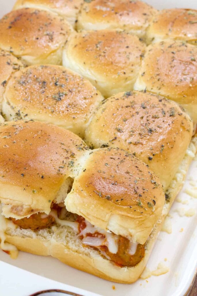 All twelve finished Meatball Sliders with Hawaiian Rolls before the they've been separated.