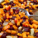 Very close up of the finished Roasted Beets and Sweet Potatoes.