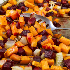 Very close up of the finished Roasted Beets and Sweet Potatoes.